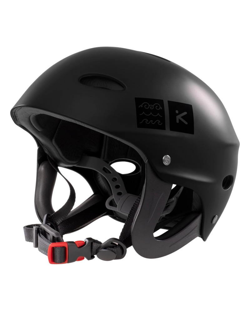 Black whitewater helmet with ear protection, sturdy shell, and adjustable chin strap for a secure, stable fit.