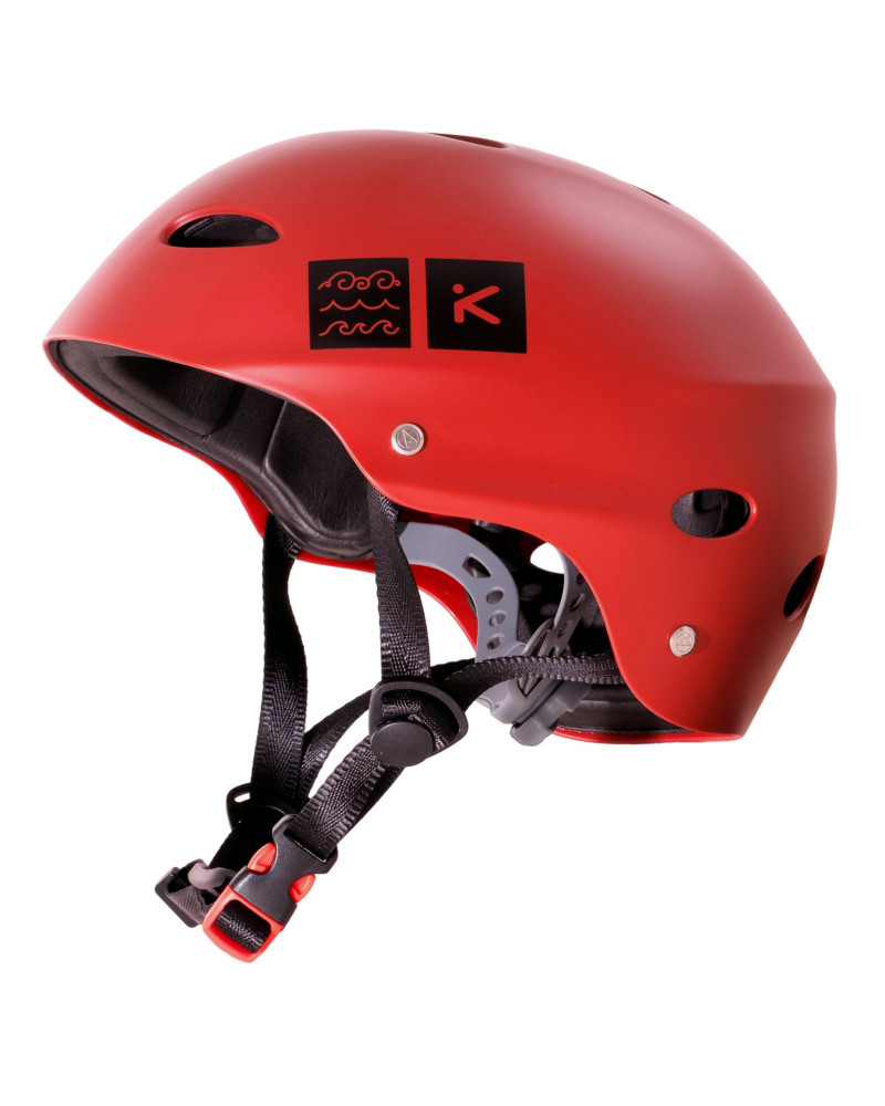 Red whitewater helmet with ear protection, sturdy shell, and adjustable chin strap for a secure, stable fit.