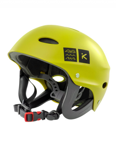 Gelber Wildwasser-Helm mit Ohrenschutz, robuster Schale und verstellbarem Kinnriemen für sicheren, stabilen Sitz.