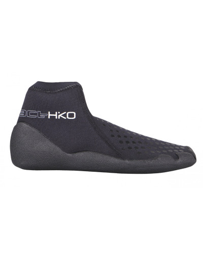 Black neoprene sock with low shaft, flexible fit, and non-slip sole for water sports.