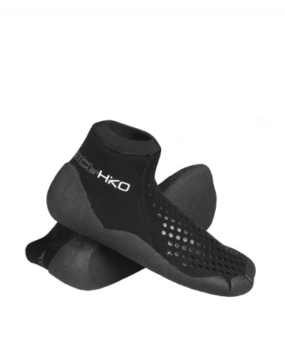 Black neoprene sock with low shaft, flexible fit, and non-slip sole for water sports.