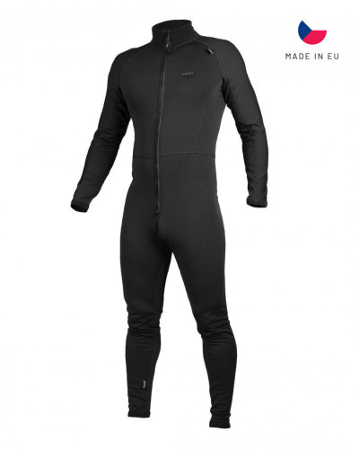 Schwarzer, enganliegender Fleece-Overall mit Frontreißverschluss und wärmendem Material für kalte Trainingstage.