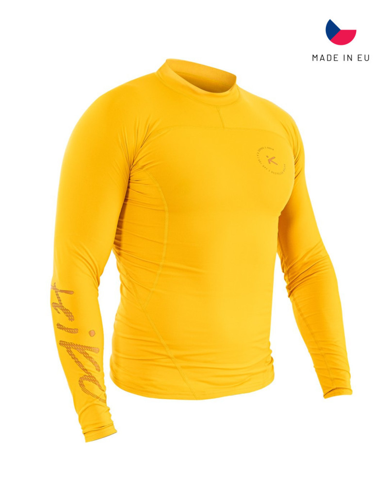 Gelbes Performance-Langarmshirt mit athletischem Schnitt, ergonomischen Nähten und elastischem Funktionsmaterial.