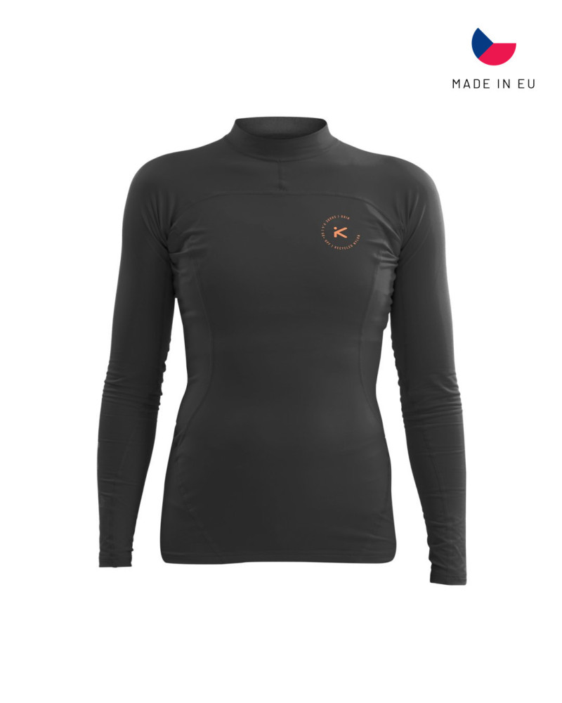 Schwarzes Langarm-Funktionsshirt mit Stehkragen, figurbetontem Schnitt und elastischem Material für sportliche Performance.