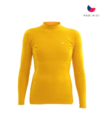 Gelbes Langarm-Funktionsshirt mit Stehkragen, schmalem Schnitt und elastischem Material für optimale Bewegungsfreiheit.