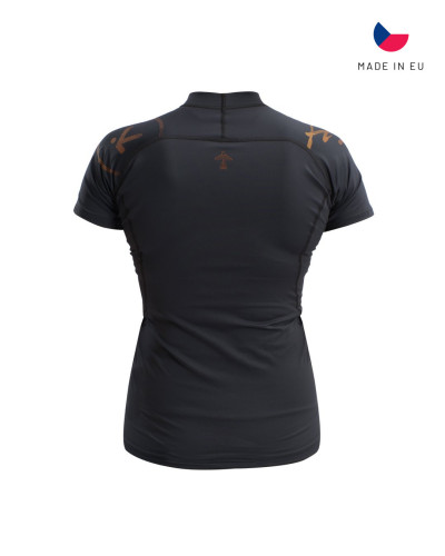 Schwarzes Kurzarm-Funktionsshirt mit figurbetontem Schnitt und elastischem Material für Training und Sport.