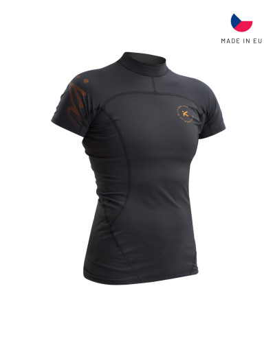 Schwarzes Kurzarm-Funktionsshirt mit figurbetontem Schnitt und elastischem Material für Training und Sport.