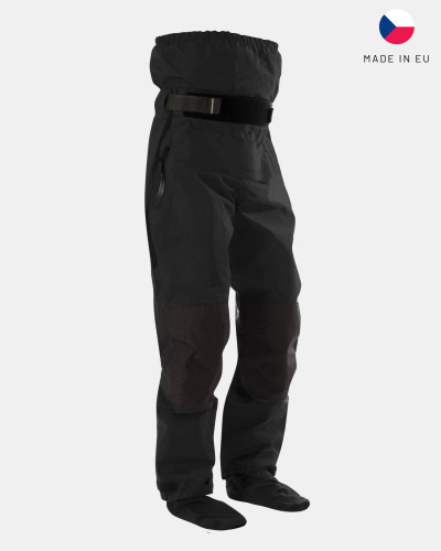 Robust dry pants for paddlers, waterproof, breathable, reinforced knees, adjustable waistband, ideal for whitewater.