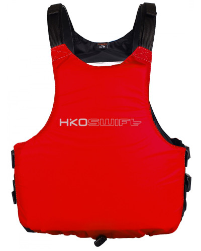 Frontansicht einer roten Schwimmweste mit schwarzem Schulterbereich und klar platziertem HIKO-Logo.