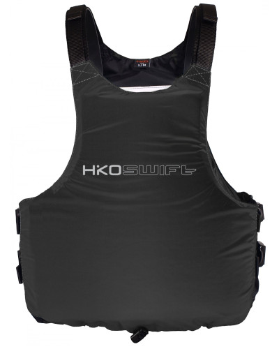 Frontansicht einer schwarzen Schwimmweste mit schwarzem Schulterbereich und dezentem HIKO-Logo.