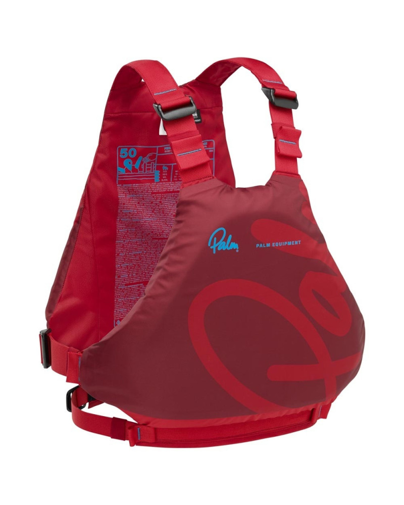 Red life jacket with ergonomic cut, side straps, and sporty print design for whitewater use.