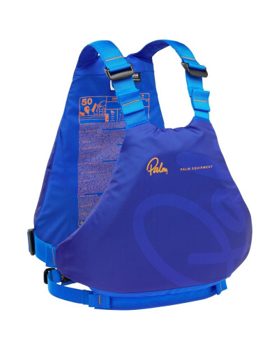 Blau Schwimmweste mit ergonomischem Schnitt, seitlichen Gurten und sportlichem Printdesign für Wildwasser-Einsatz.