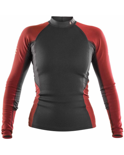 Eng anliegendes Neopren-Langarmshirt mit schwarzem Rumpf, roten Ärmeln, flexiblem Material, ergonomischer Passform.