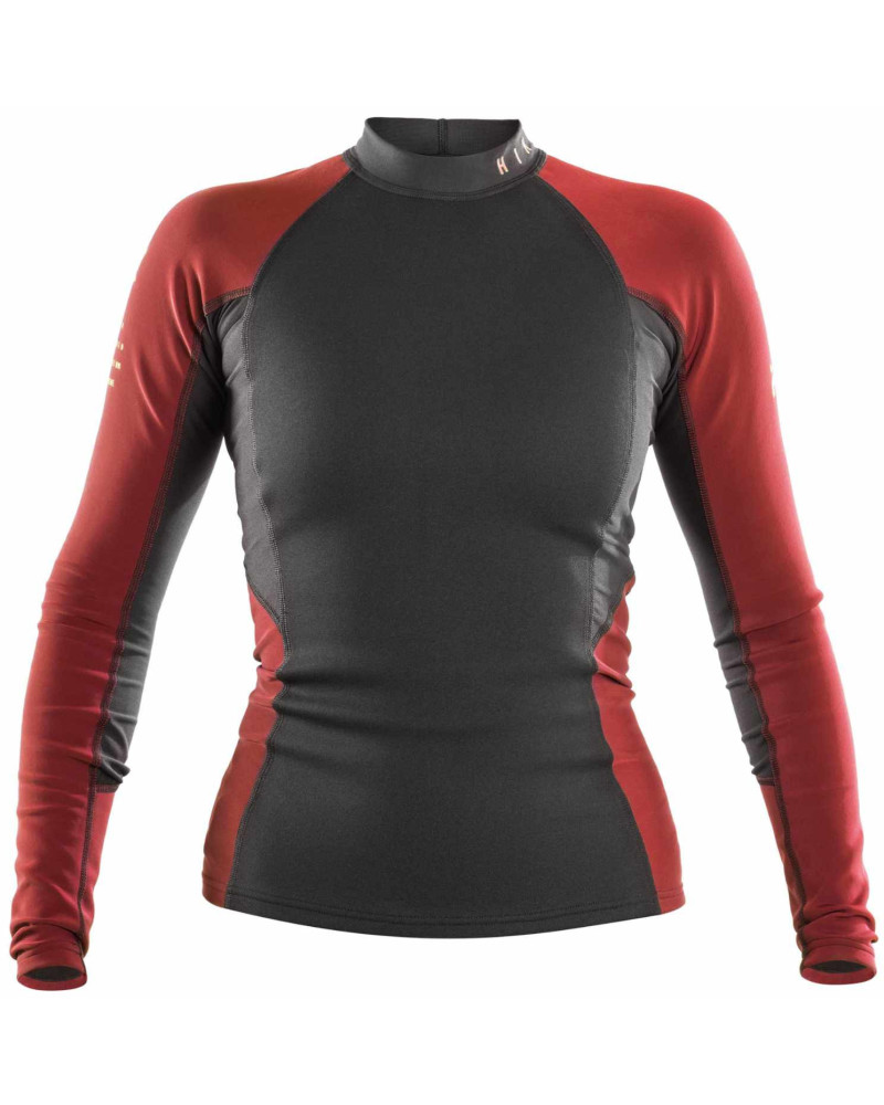 Eng anliegendes Neopren-Langarmshirt mit schwarzem Rumpf, roten Ärmeln, flexiblem Material, ergonomischer Passform.