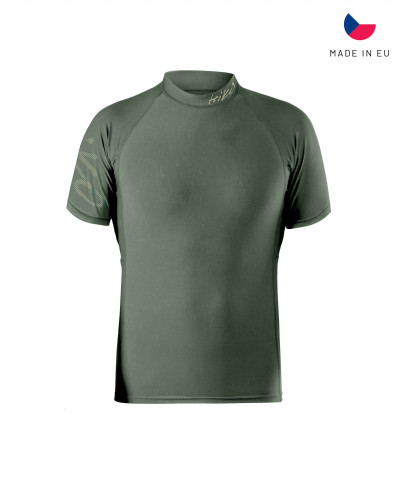 Kurzärmeliges olives Neopren-Shirt mit dezenten Printdetails und sportlich-enganliegender Passform für Paddelsport.