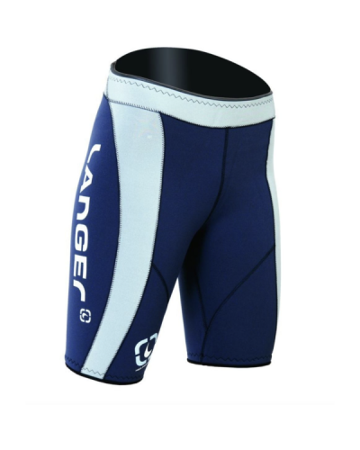 Dark blue neoprene kayak pants, knee-length and close-fitting. Wide waistband for a secure fit while paddling.