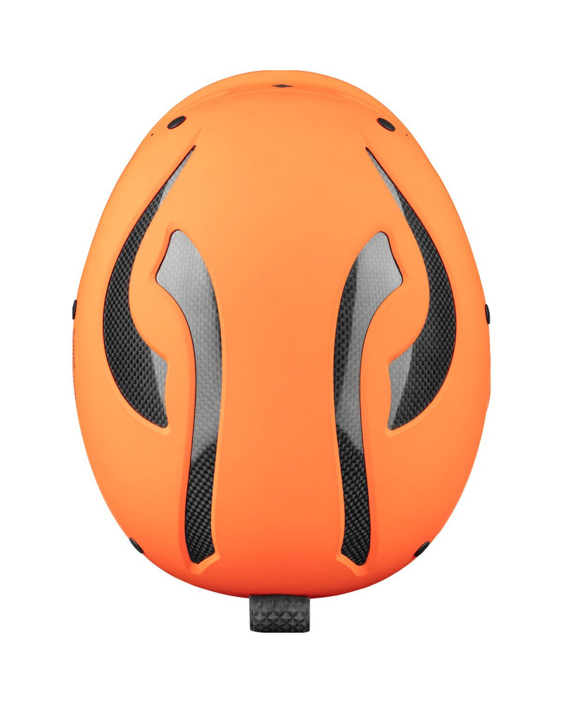 Draufsicht eines orangen Wildwasser-Helms mit aerodynamischer Form und robuster, geschlossener Schale.