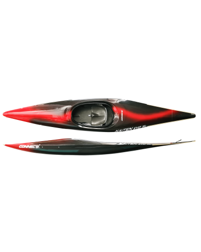 K1 Kaiten Evo XL von Connect Kayaks – schwarzes Slalomkajak mit rotem Verlauf, Drauf- und Seitenansicht