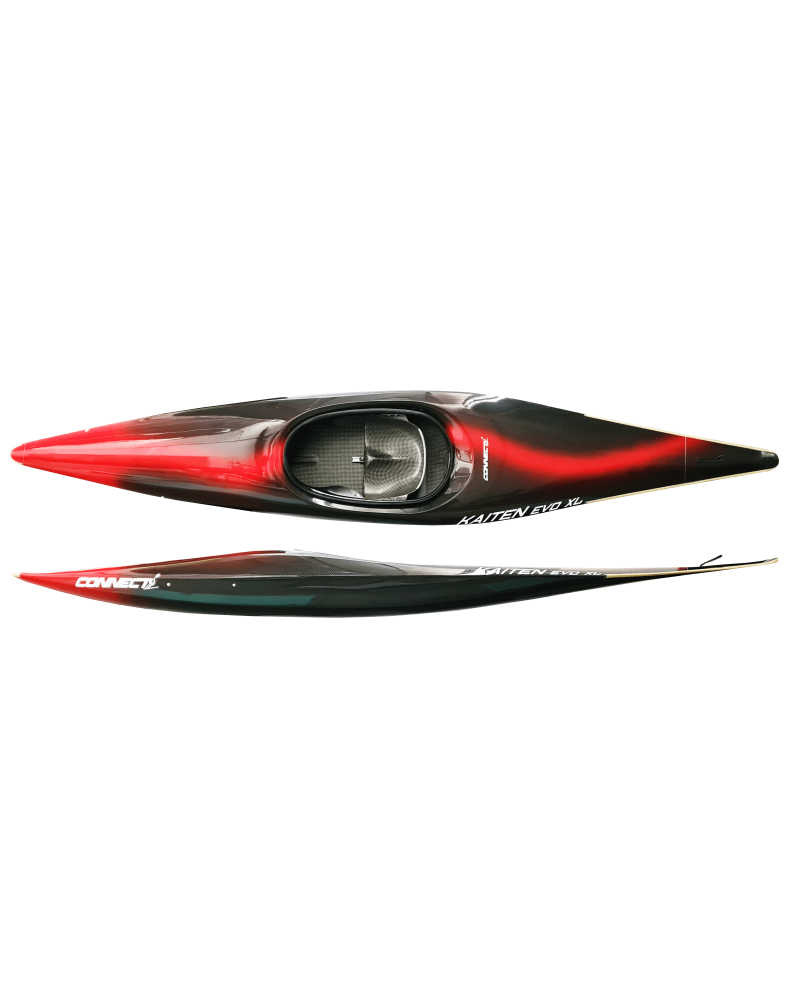 K1 Kaiten Evo XL von Connect Kayaks – schwarzes Slalomkajak mit rotem Verlauf, Drauf- und Seitenansicht