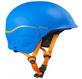 Blauer Wildwasser-Helm mit grünem Gurtsystem, robuster Schale und verstellbarem Kinnriemen für sicheren Schutz.