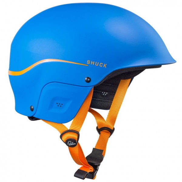 Blauer Wildwasser-Helm mit grünem Gurtsystem, robuster Schale und verstellbarem Kinnriemen für sicheren Schutz.
