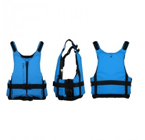 Blaue Schwimmweste in Front-, Seiten- und Rückenansicht mit verstellbaren Gurten für sicheren Sitz.