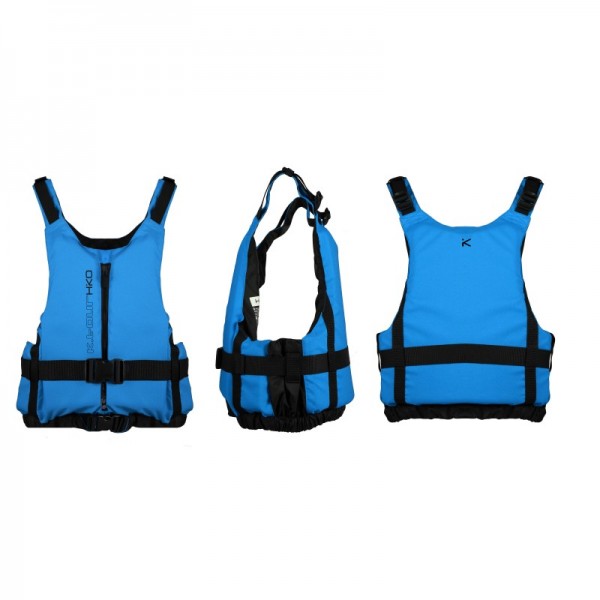 Blaue Schwimmweste in Front-, Seiten- und Rückenansicht mit verstellbaren Gurten für sicheren Sitz.