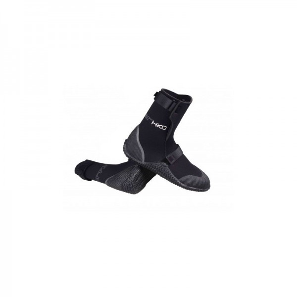 Black neoprene shoes with high shaft, flexible fit, and slip-resistant sole for water sports.