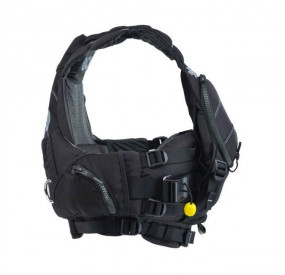 Schwarze Robuste Schwimmweste mit großer Fronttasche, integrierten Befestigungspunkten und verstellbaren Gurten.