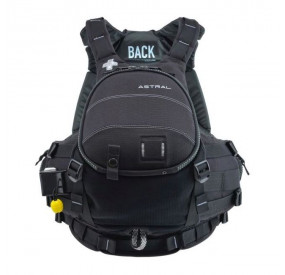 Schwarze Robuste Schwimmweste mit großer Fronttasche, integrierten Befestigungspunkten und verstellbaren Gurten.