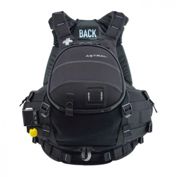 Schwarze Robuste Schwimmweste mit großer Fronttasche, integrierten Befestigungspunkten und verstellbaren Gurten.