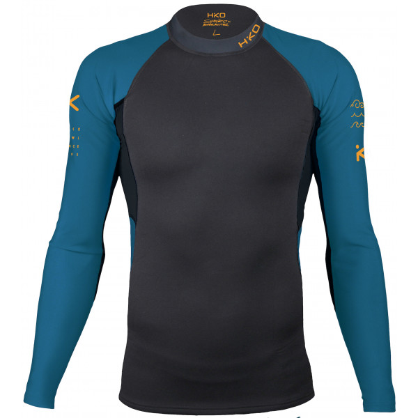 Langärmeliges Neopren-Paddelshirt mit schwarzem Rumpf, blauen Ärmeln und athletischer, enganliegender Passform.